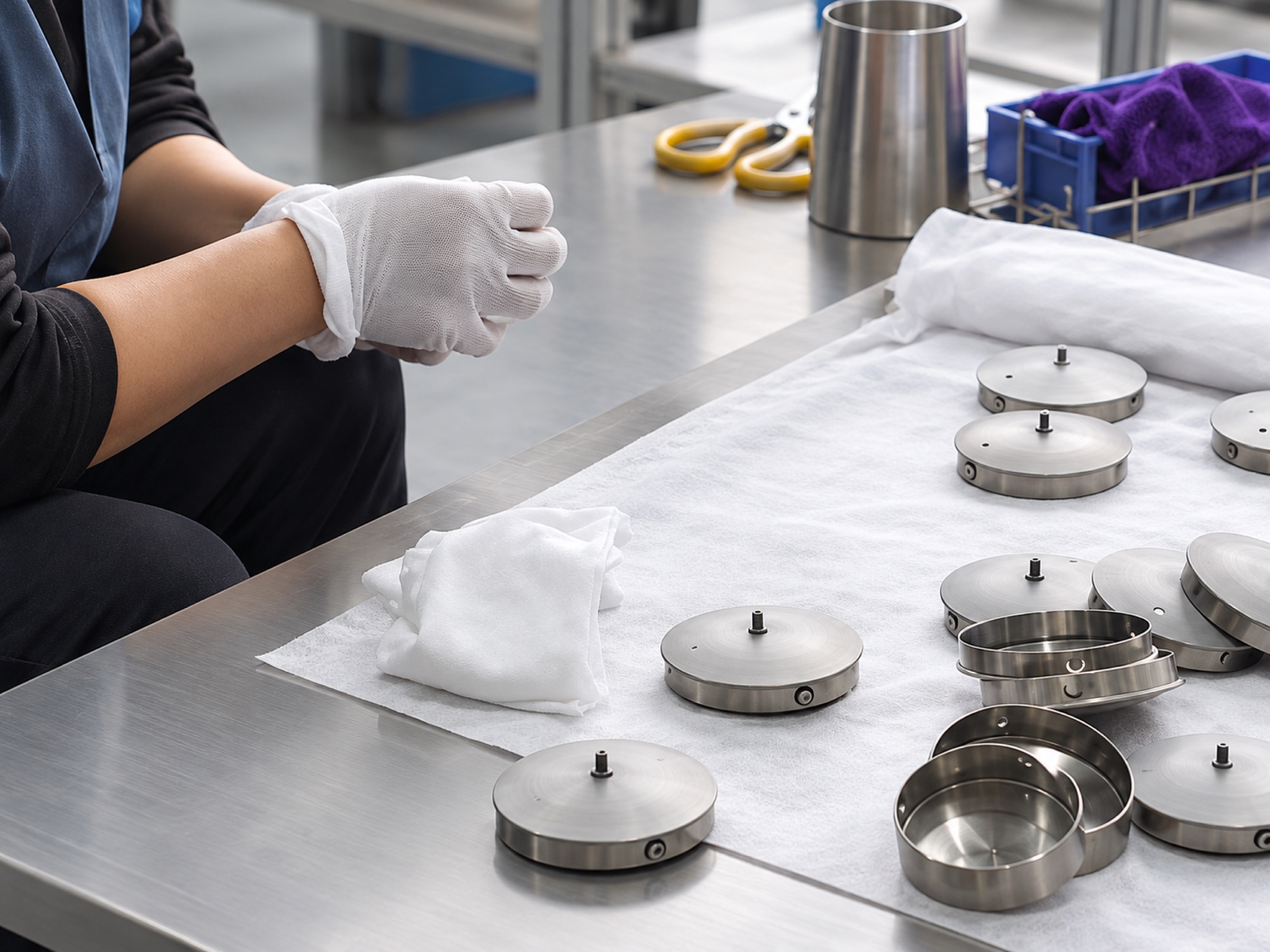 Gloved hands working with machined metal parts