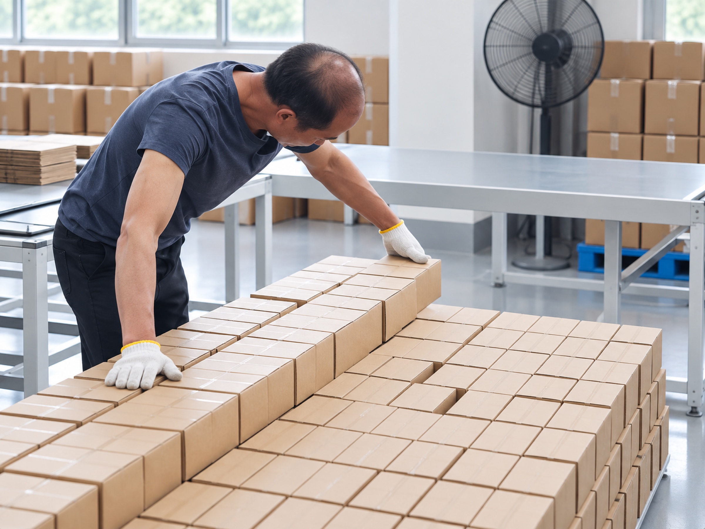 Worker arranging finished product boxes